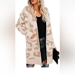 Soulomelody Msikiver Leopard Print Tan Cardigan Womens Large Open Front Sweater